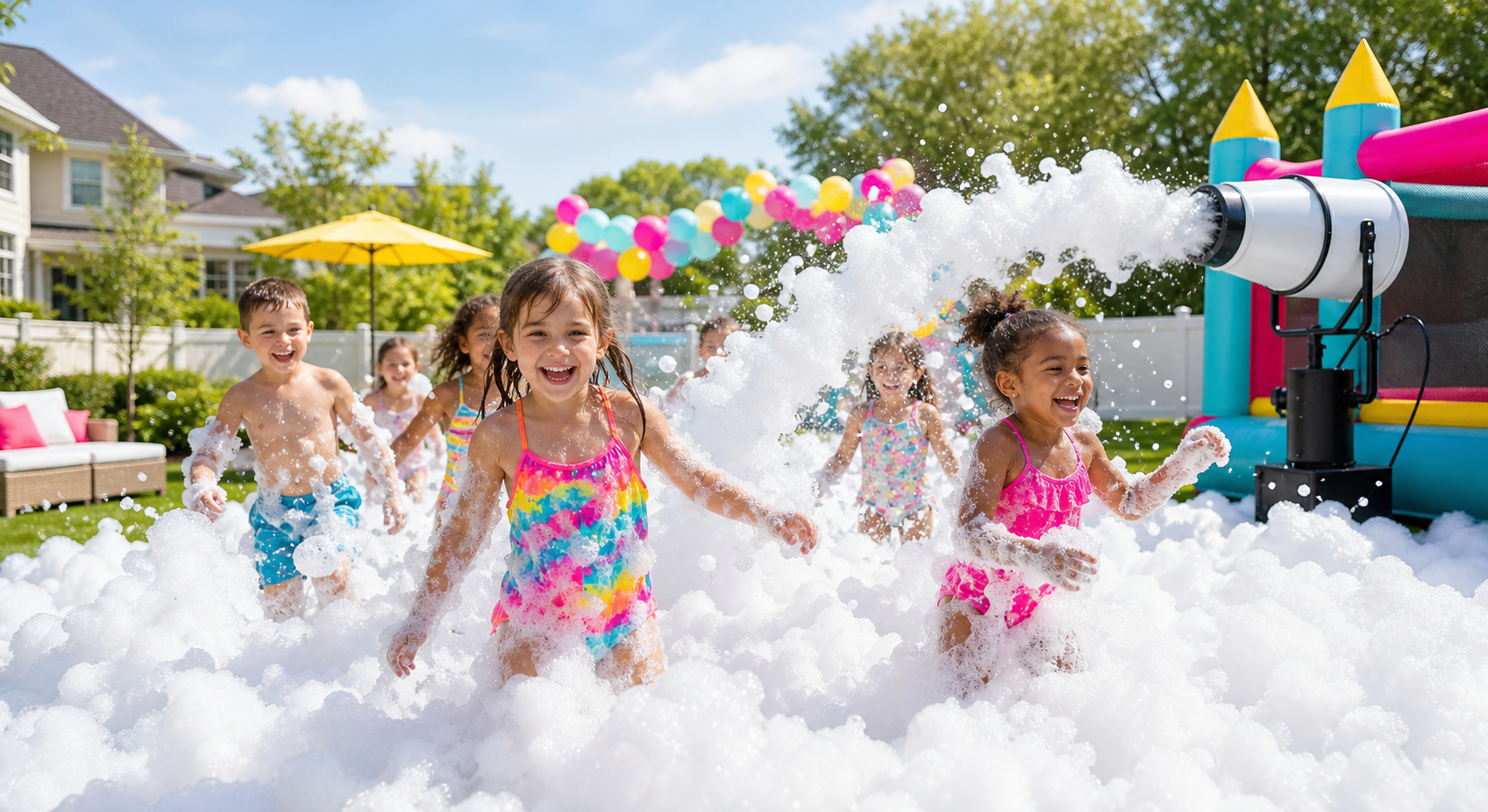 Kids birthday foam party in a sunny backyard